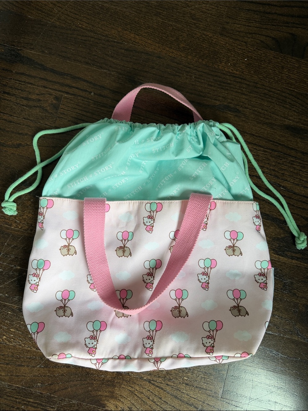 Hello Kitty and Pusheen • Drawstring Tote • Yarn Bag